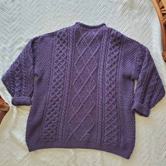Vintage Acorn Chunky Aran Knit Purple Wool Thistle Fisherman Sweater - Picture 11 of 16